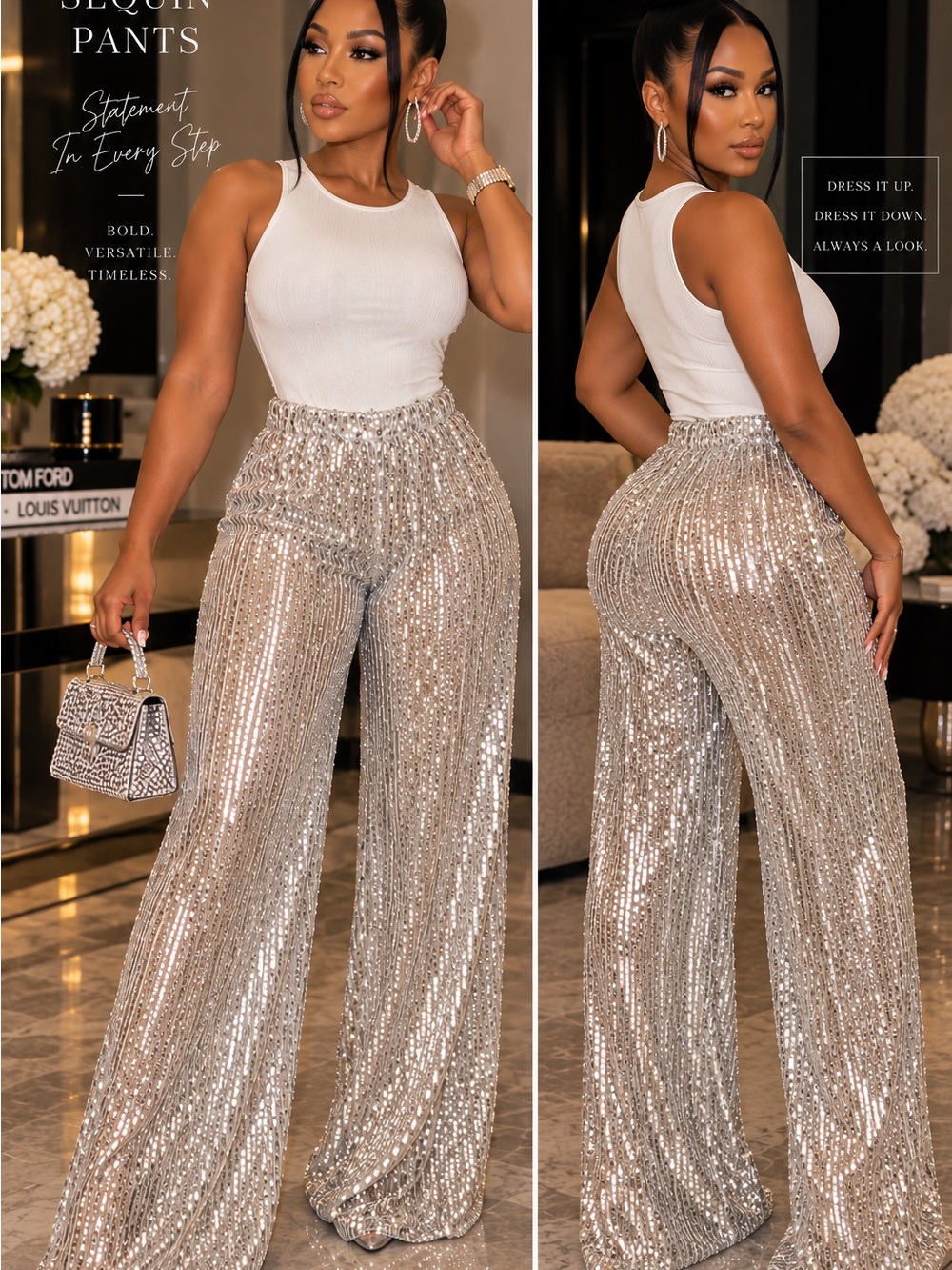Silver Sequin Wide-Leg Evening Pants